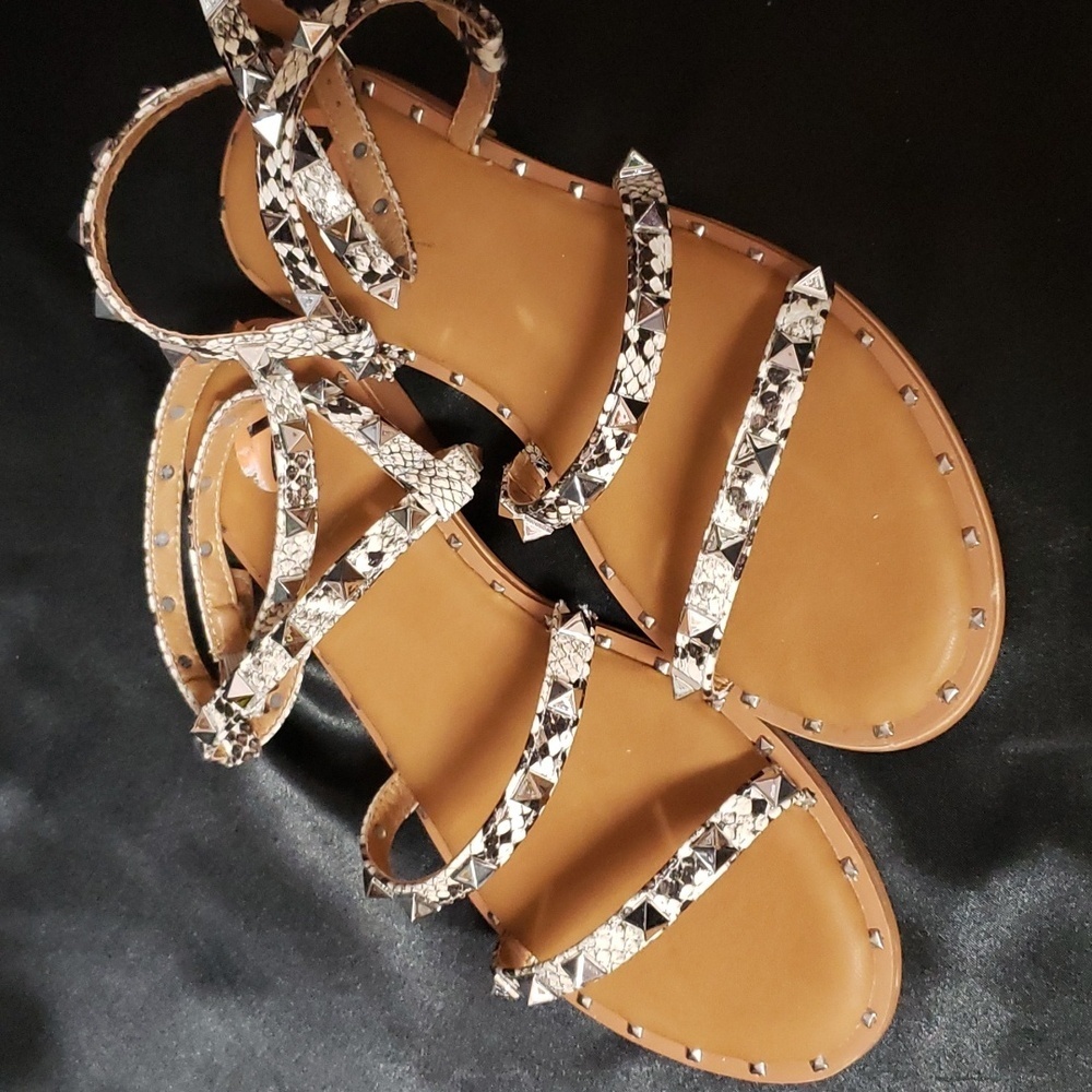 Nicole Miller triple strap, ankle wrap snakeskin print sandals